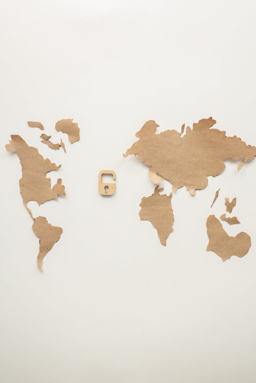 a world map and a padlock paper cutting