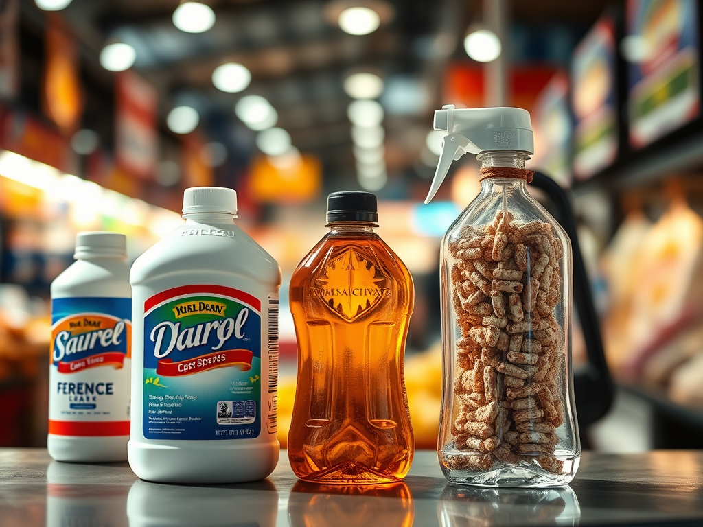 Bottles of various sizes with detergents in them