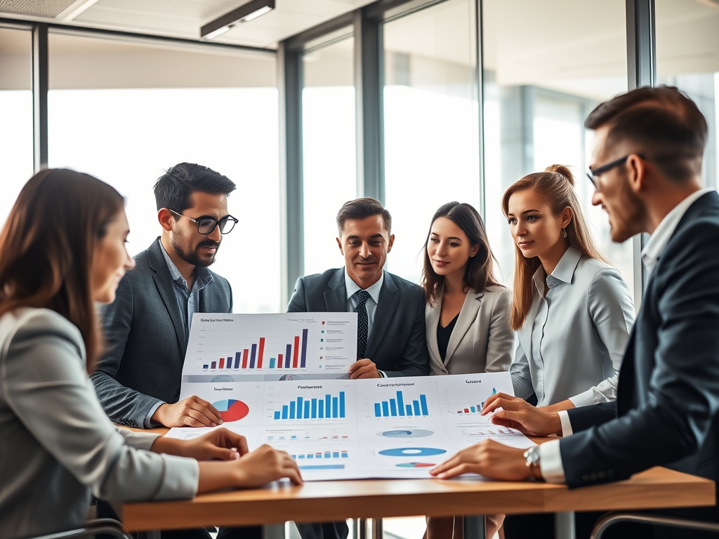 six men and women standing around a table discussing two large prints of charts