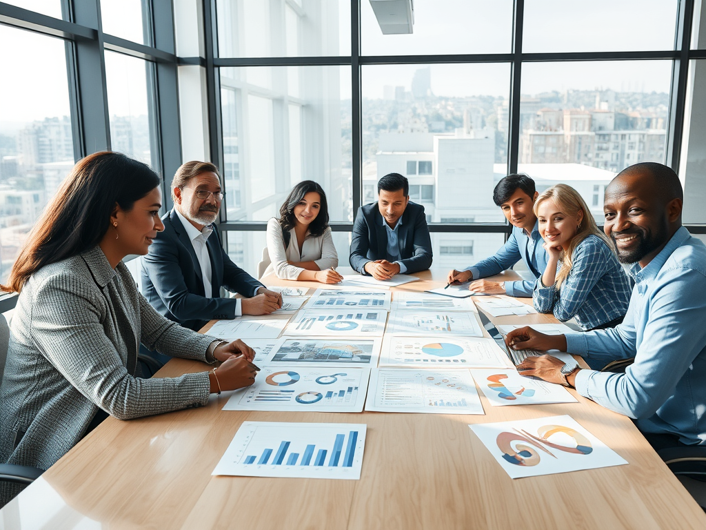 seven people around a meeting room table with lots of printed charts on the table