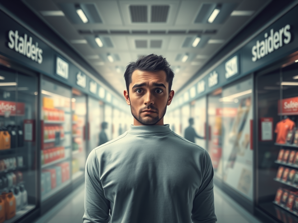 young man looking surprised in a passage