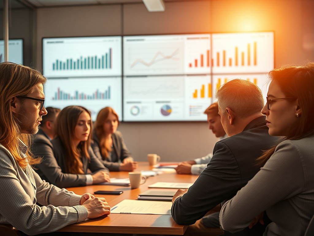 seven people in the meeting room with few large screens on the wall